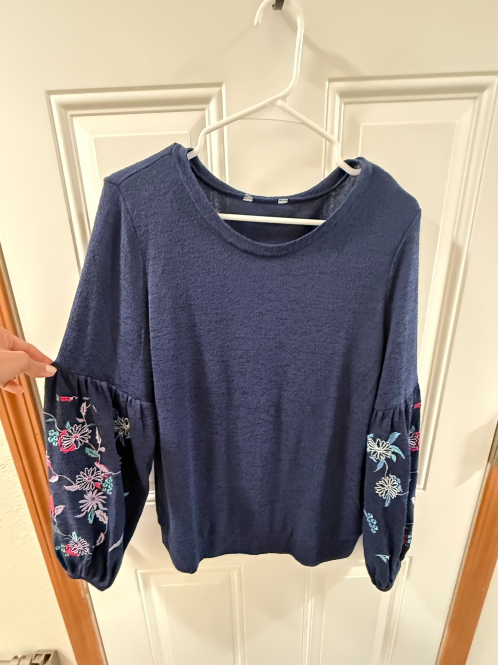 Women's Navy Long-Sleeve Top with Embroidered Balloon Sleeves